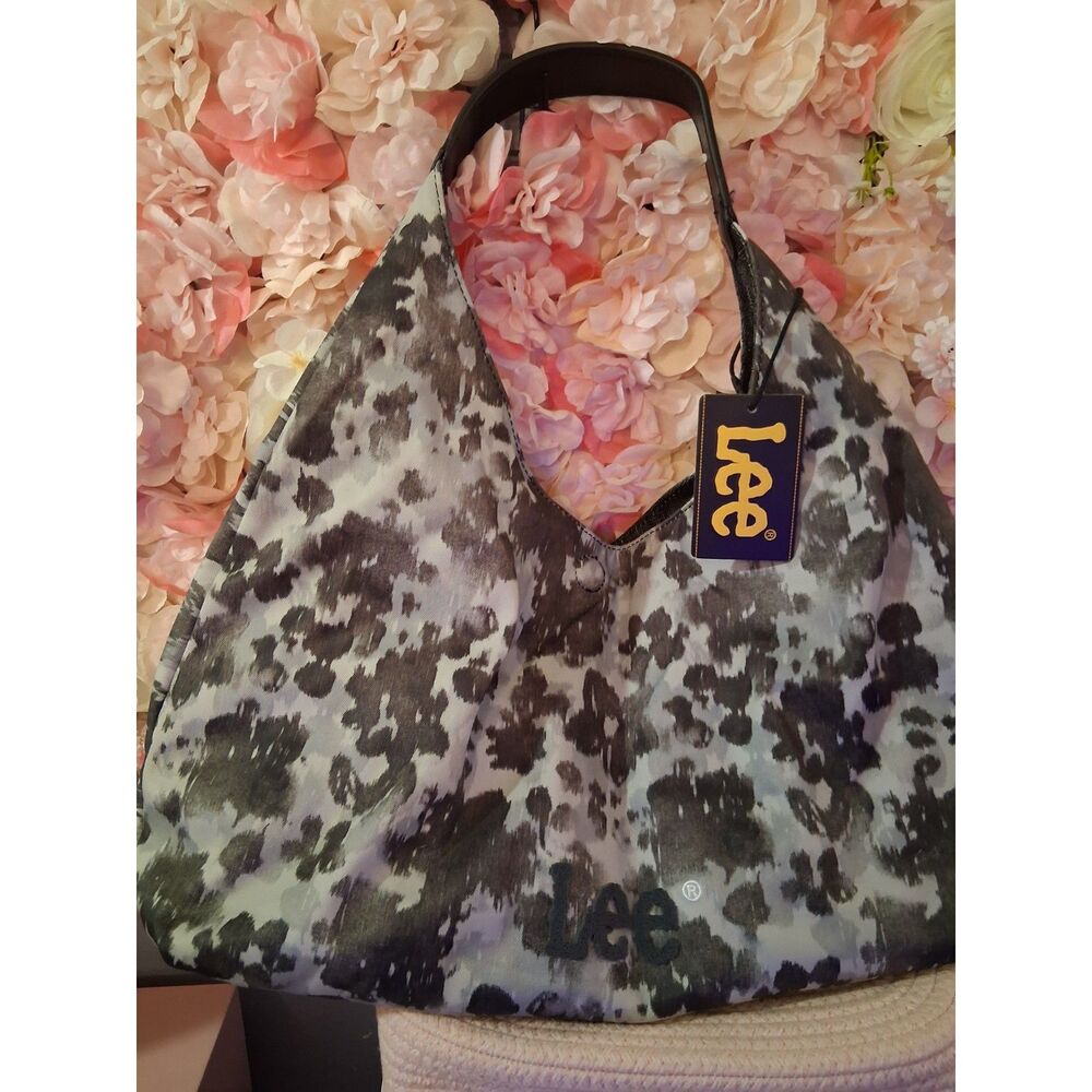NWT Lee Charcoal Print / Black Denim Reversible Hobo Bag
